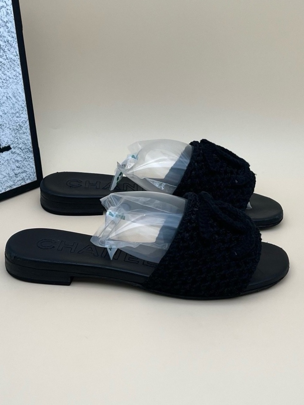 CHANEL Black Crochet Slide Sandals with CC Emblem - Picture 5 of 7